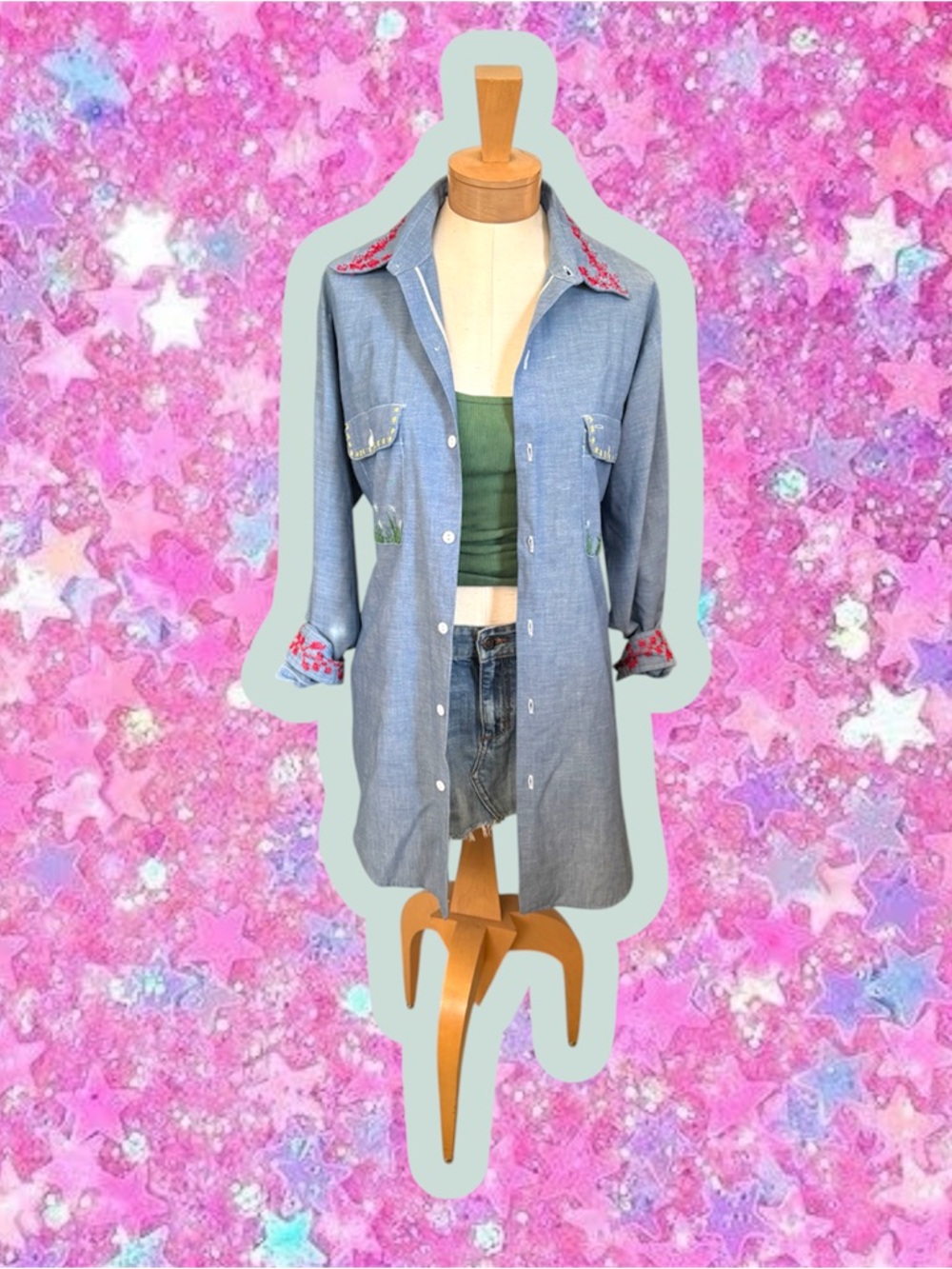 Big Mac JCPenney vintage 1970s chambray hand embroidered shirt men’s XL 70s 60s - Picture 4 of 17